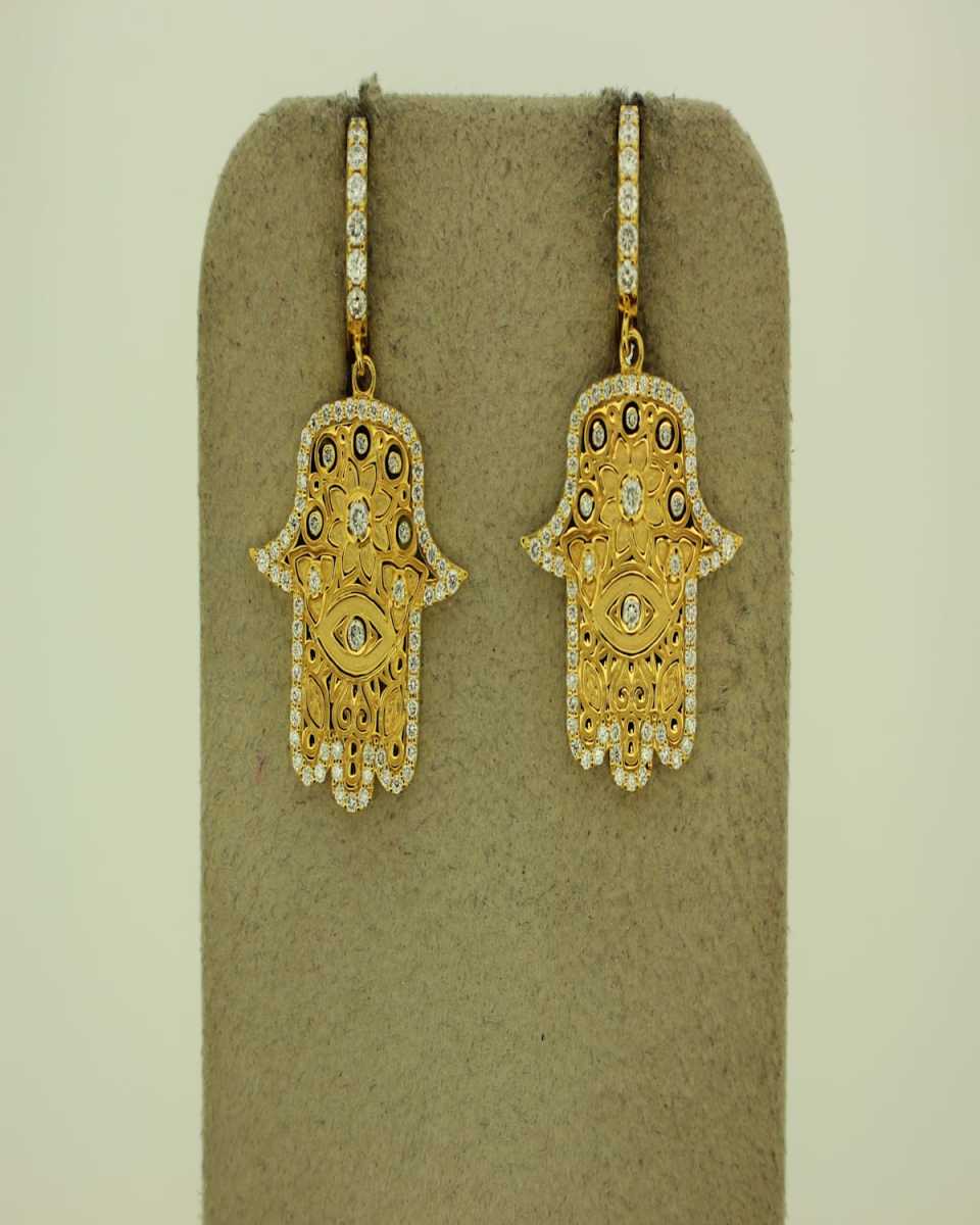 20K Hamsa Huggie Earrings with Diamonds